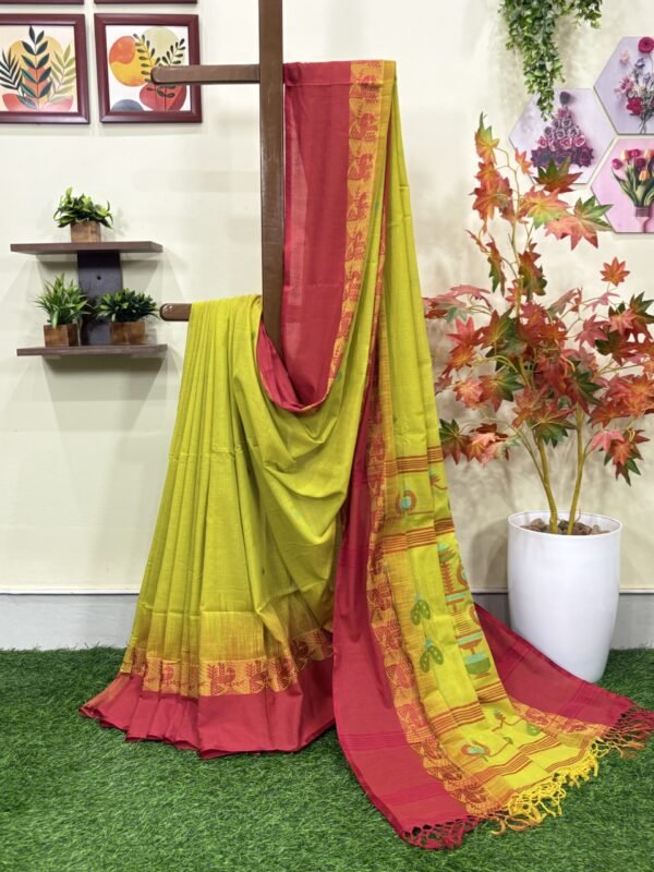 Green Yellow Handloom Cotton Khadi Ikkat Jamdani Saree