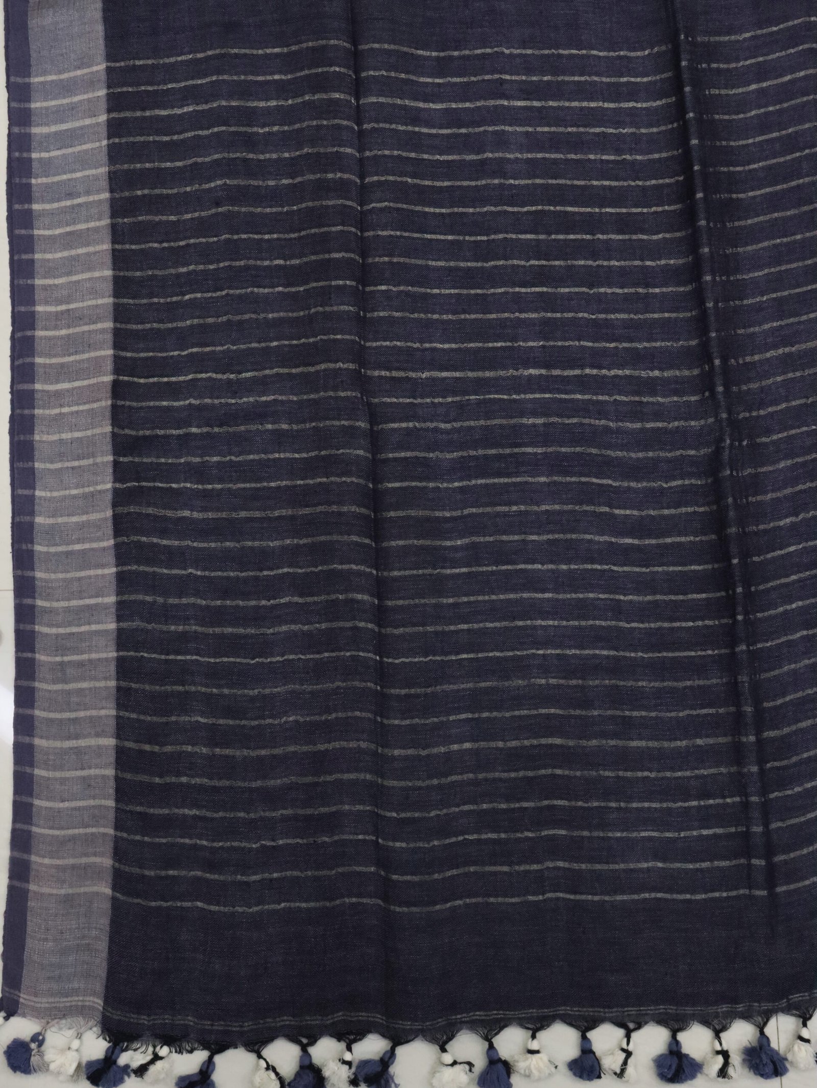 Grayish Black Linen Palin Silver Zari Border Saree - Image 6