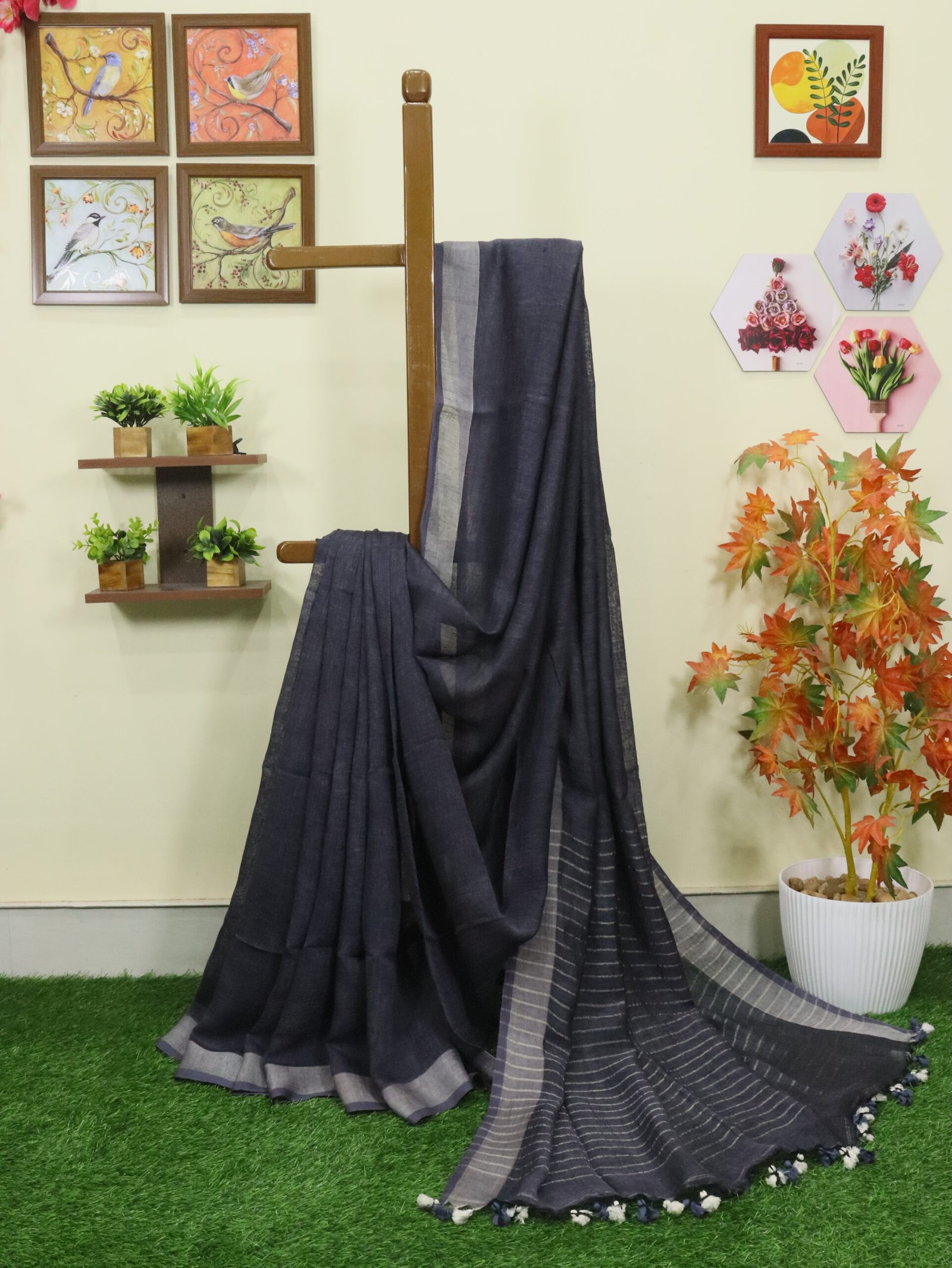 Grayish Black Linen Palin Silver Zari Border Saree