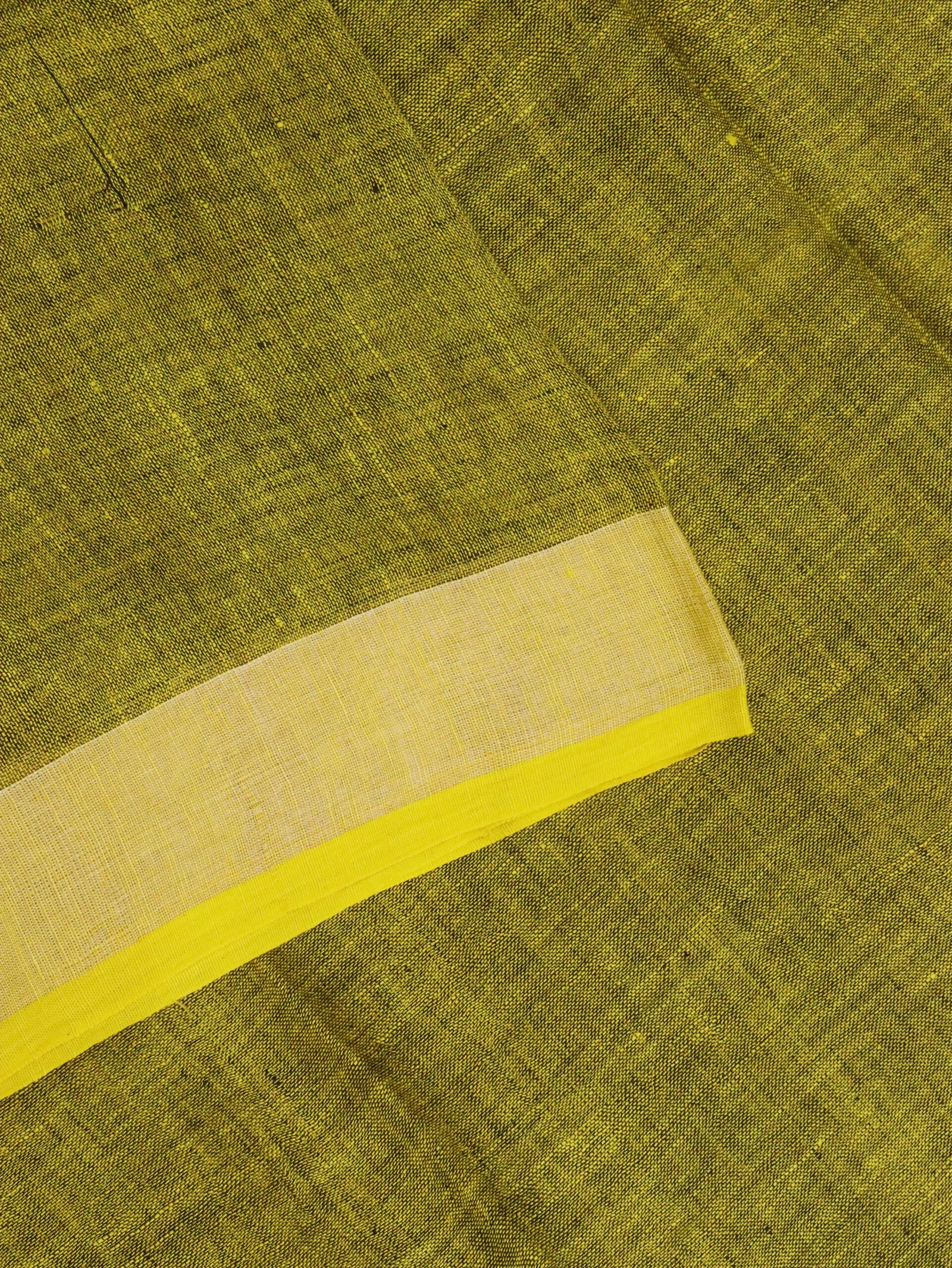 Blackish Yellow Linen Palin Silver Zari Border Saree - Image 9