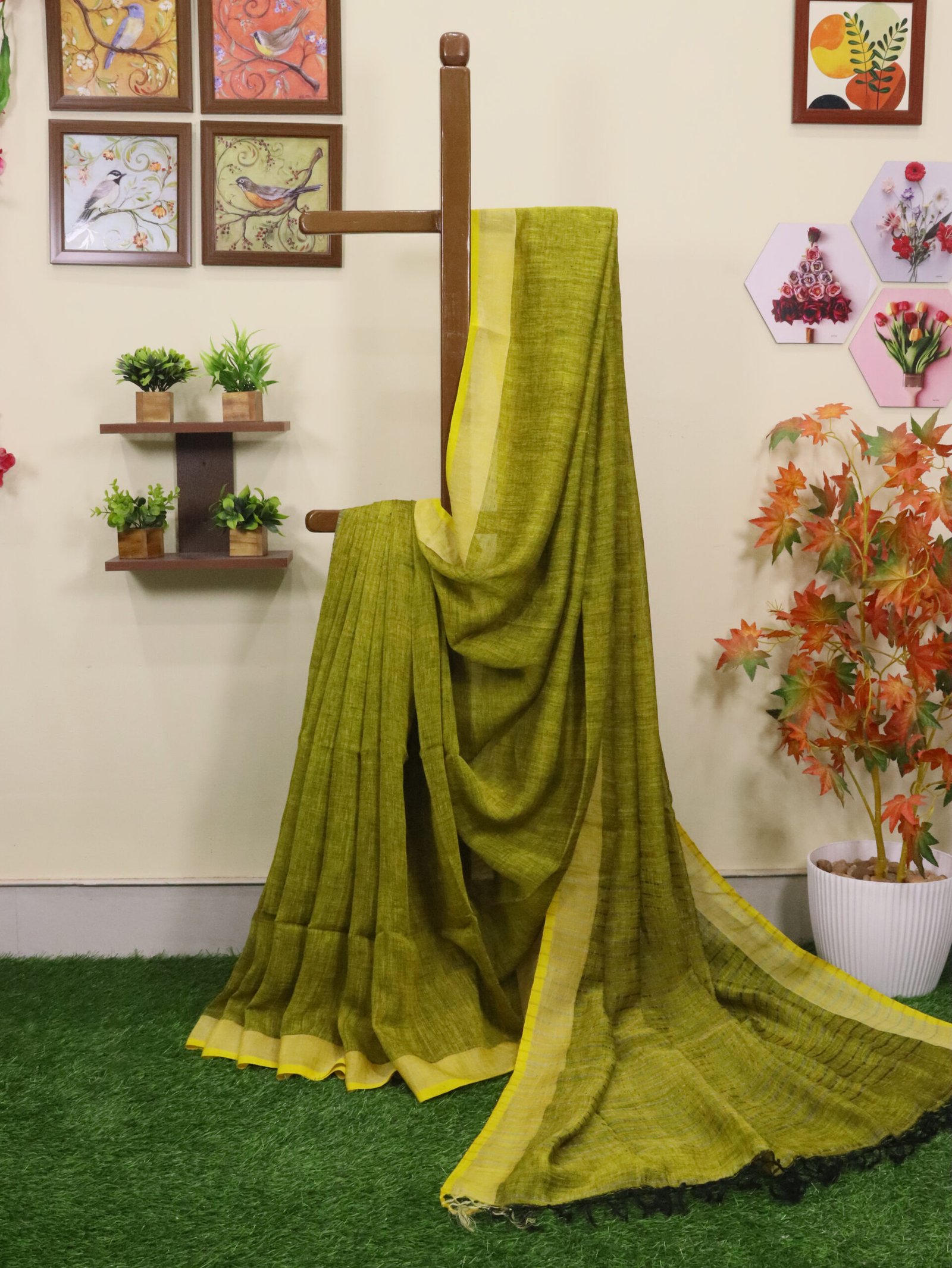 Blackish Yellow Linen Palin Silver Zari Border Saree