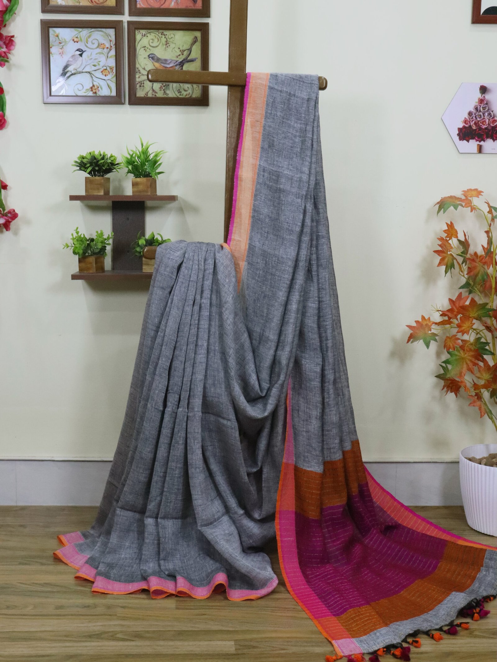 Gray Pure Linen Plain Saree