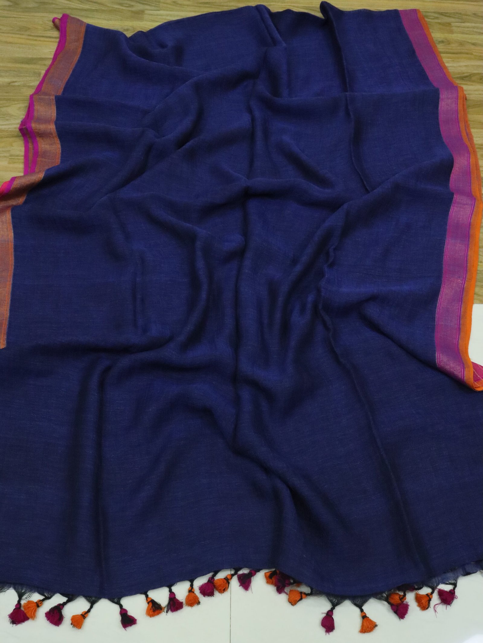 Blue Pure Linen Plain Saree - Image 7