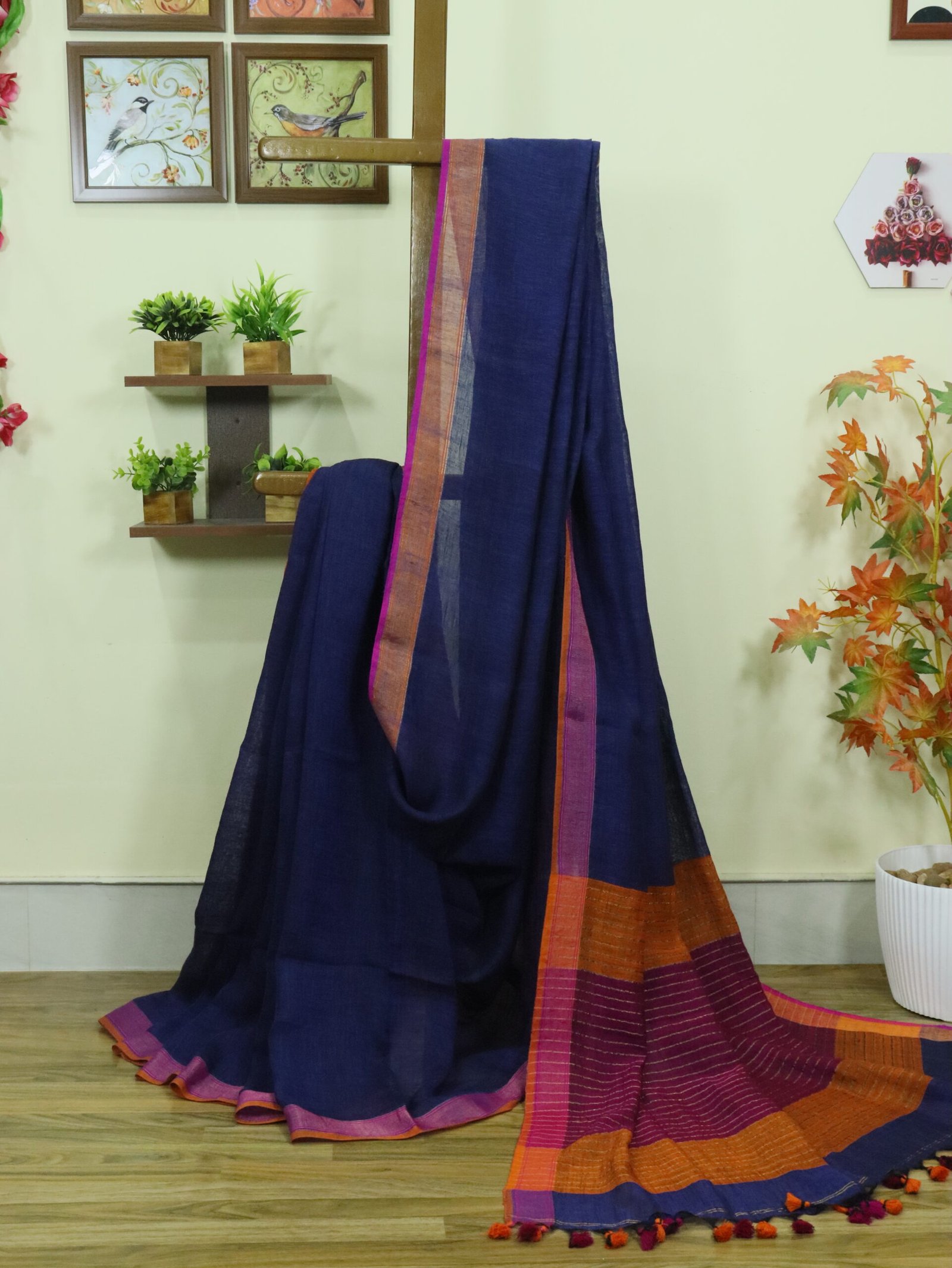 Blue Pure Linen Plain Saree