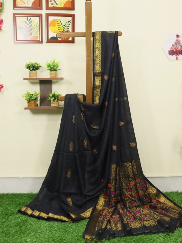 Black Katan Silk Bridal Jamdani Saree with Designer Blouse Piece