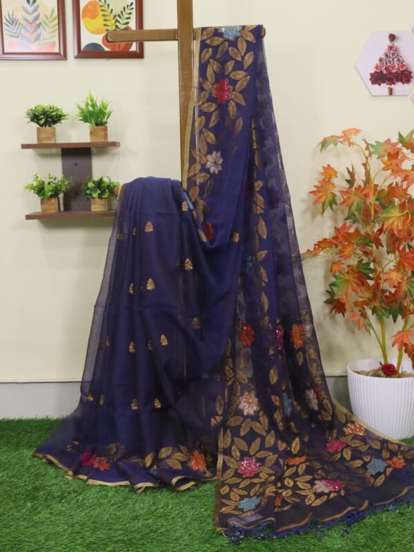Blue Muslin Silk Multicolor Mina Sequence Work Jamdani Saree