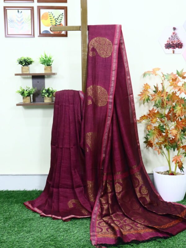 Beetroot Paisley Buta Organic Linen Jamdani Saree with Designer Blouse Piece