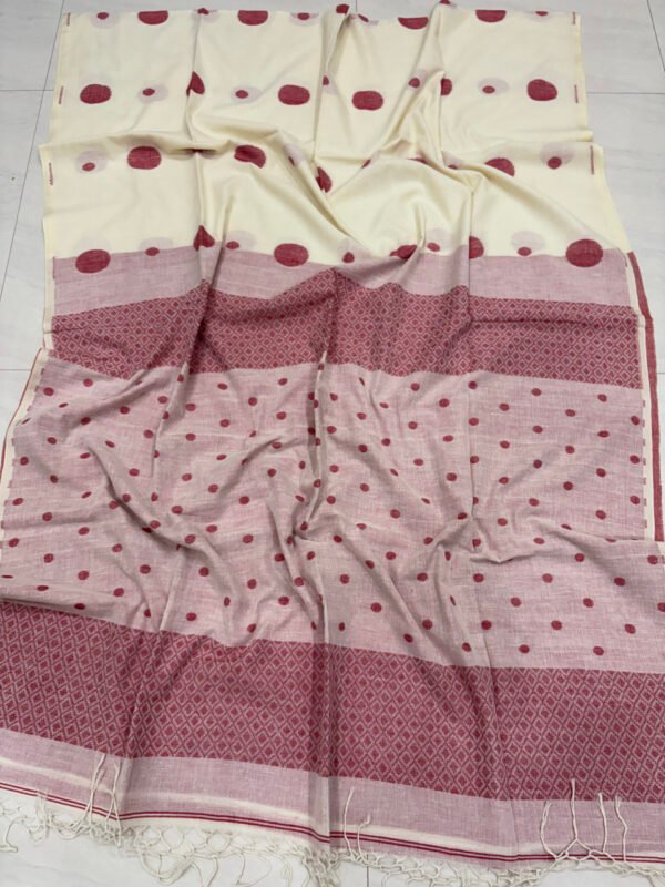 Off-White Handloom Mulmul Cotton Polka Dot Jamdani Saree