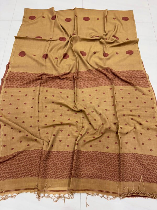 Light Brown Handloom Mulmul Cotton Polka Dot Jamdani Saree