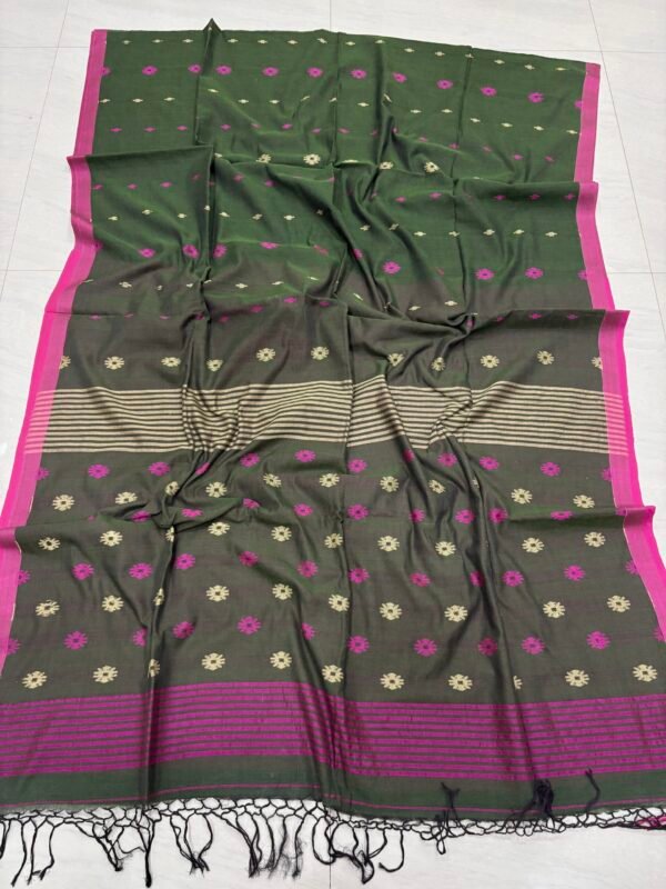 Dark Pista Handloom Mulmul Cotton Dhakai Jamdani Saree