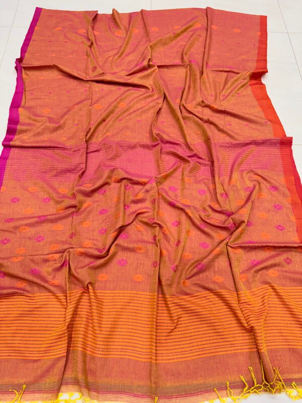 Pink Yellow Dual Tone Handloom Mulmul Cotton Dhakai Jamdani Saree