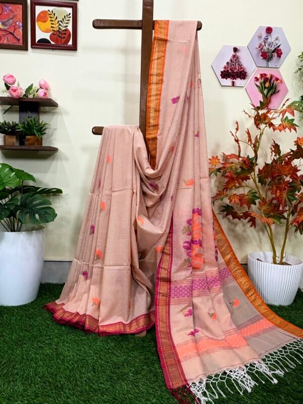 Redish Beige Handloom Premium Cotton Jamdani Saree