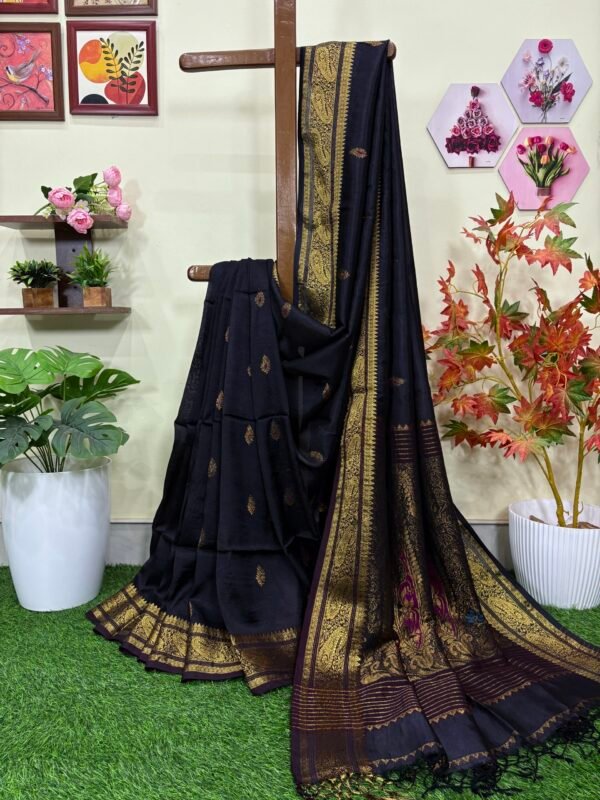 Black Paisley Katan Silk Jamdani Saree with Blouse Piece