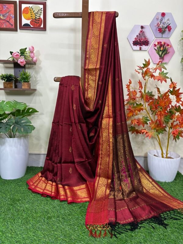 Maroon Paisley Katan Silk Jamdani Saree with Blouse Piece