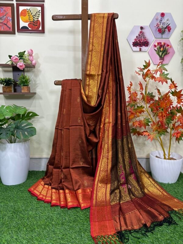 Rust Paisley Katan Silk Jamdani Saree with Blouse Piece