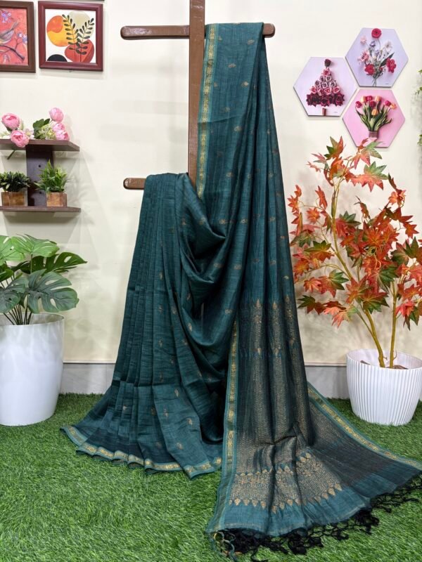 Rama Green Paisly Buta Organic Linen Jamdani Saree