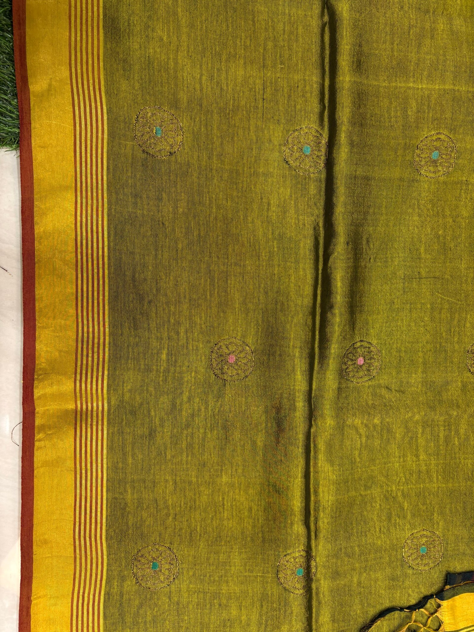 Lemon Ginger Katan Silk Jamdani Saree with Blouse Piece - Image 7
