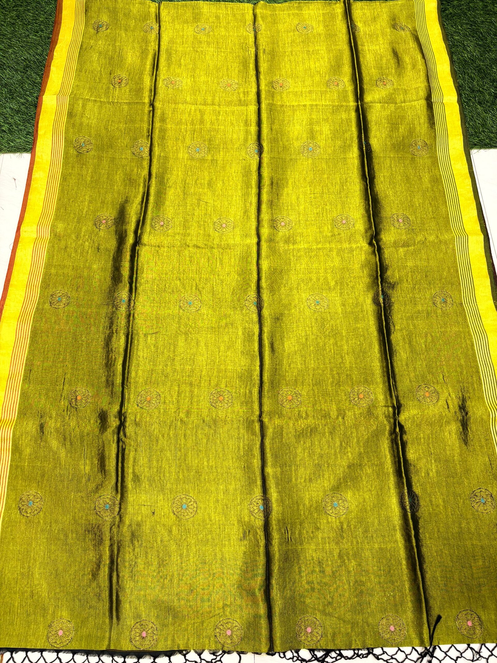 Lemon Ginger Katan Silk Jamdani Saree with Blouse Piece - Image 6