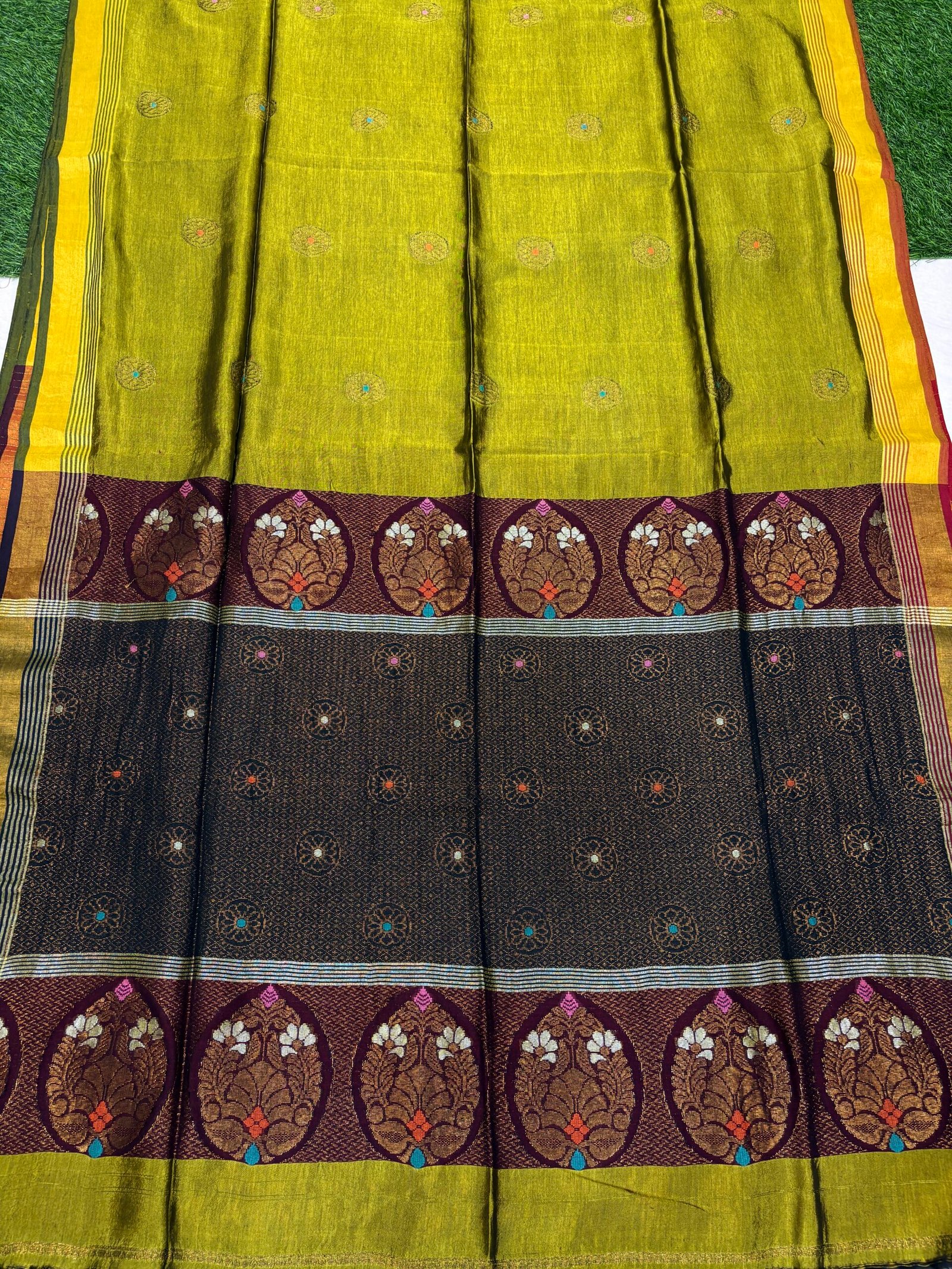 Lemon Ginger Katan Silk Jamdani Saree with Blouse Piece - Image 4