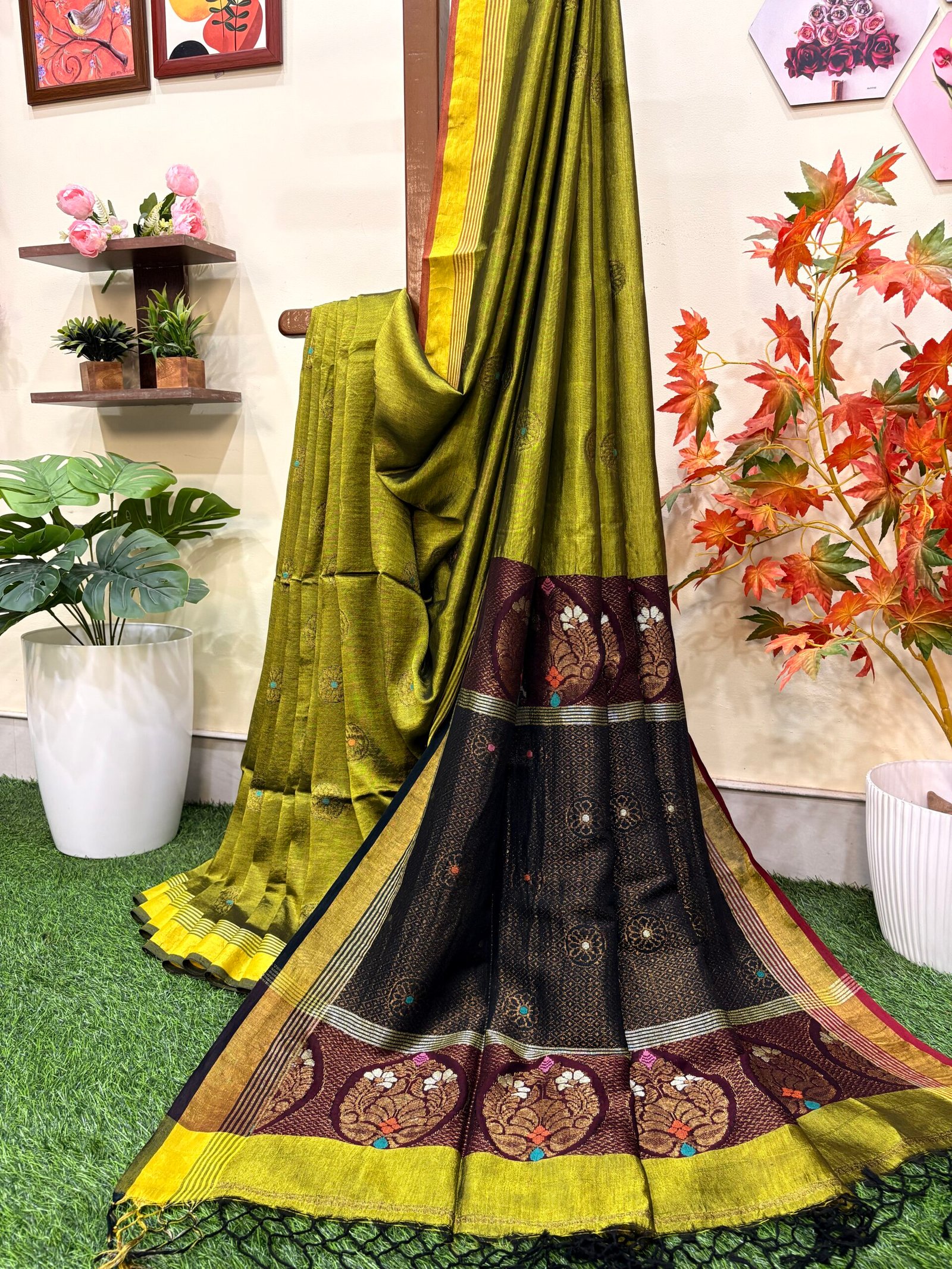 Lemon Ginger Katan Silk Jamdani Saree with Blouse Piece - Image 2
