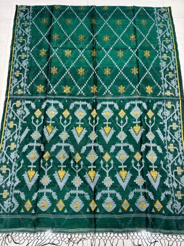 Bottle Green Pure Resham Matka Handloom Allover Jamdani Saree