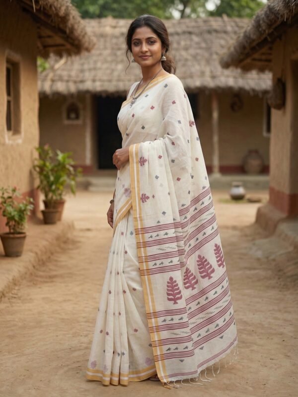 Off White Handloom Khadi Cotton Dhakai Jamdani Saree