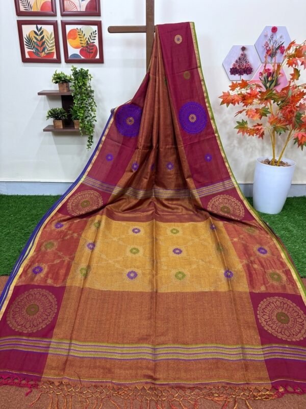 Maroon Handloom Organic Cotton Party Wear Tissue Jamdani Saree