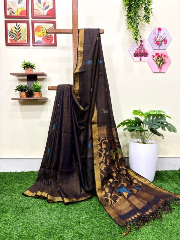Bluish Black Floral Mina Buta Tissue Organic Linen Jamdani Saree with Blouse Piece
