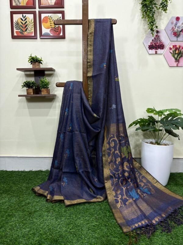 Gray Floral Mina Buta Tissue Organic Linen Jamdani Saree with Blouse Piece