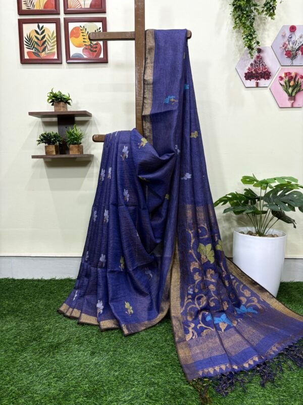 Blue Floral Mina Buta Tissue Organic Linen Jamdani Saree with Blouse Piece