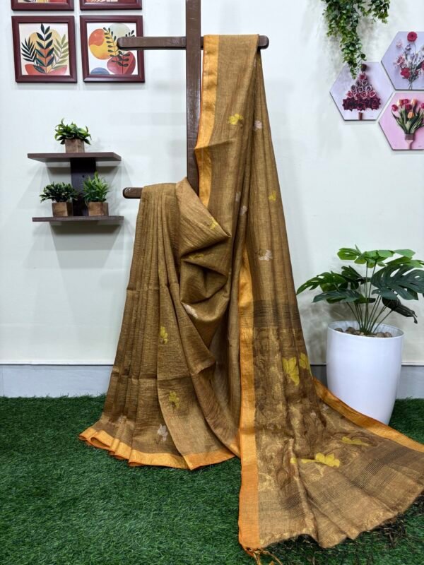 Golden Floral Mina Buta Tissue Organic Linen Jamdani Saree with Blouse Piece