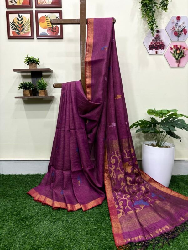 Magenta Floral Mina Buta Tissue Organic Linen Jamdani Saree with Blouse Piece