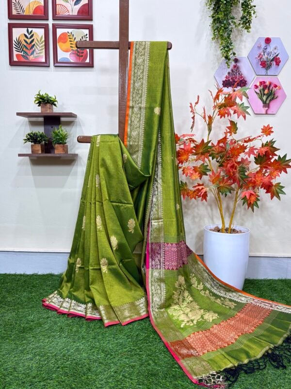 Neon Green Katan Silk Baluchari Jamdani Saree with Blouse Piece