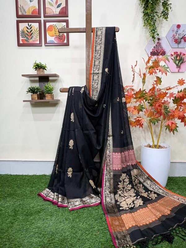 Black Katan Silk Baluchari Jamdani Saree with Blouse Piece