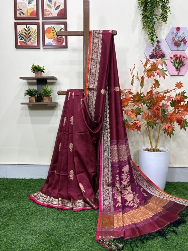 Maroon Katan Silk Baluchari Jamdani Saree with Blouse Piece
