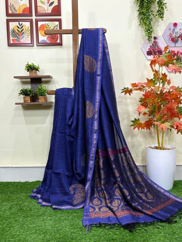 Navy Blue Paisley Buta Organic Linen Jamdani Saree with Designer Blouse Piece