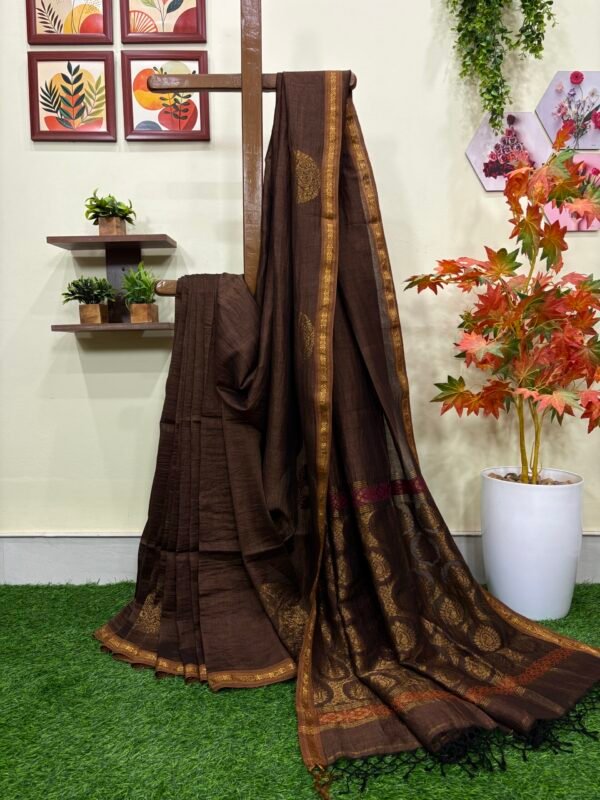 Chocolate Paisley Buta Organic Linen Jamdani Saree with Designer Blouse Piece