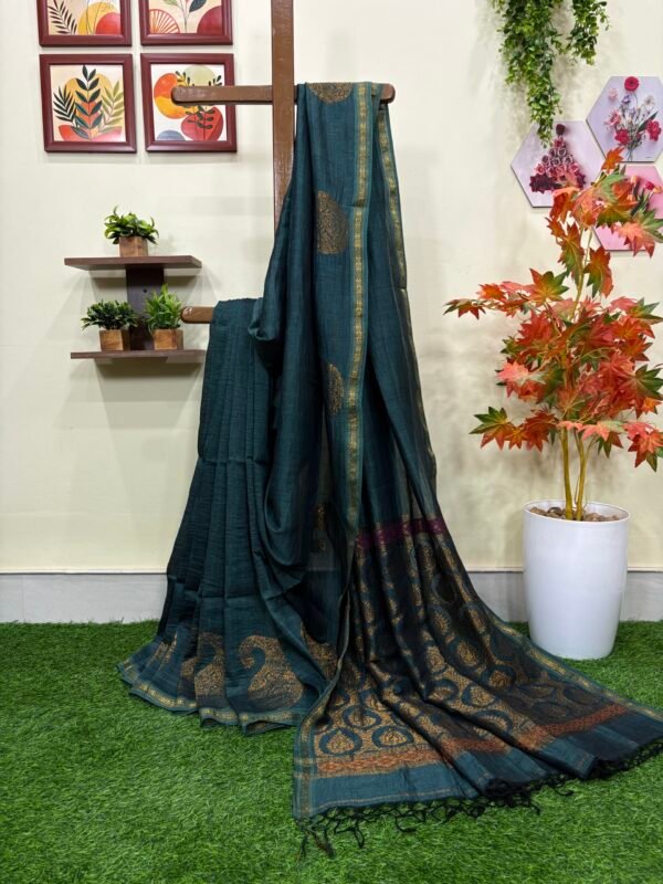 Ramagreen Paisley Buta Organic Linen Jamdani Saree with Designer Blouse Piece