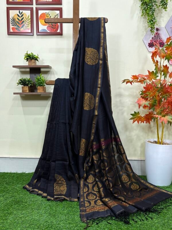 Black Paisley Buta Organic Linen Jamdani Saree with Designer Blouse Piece