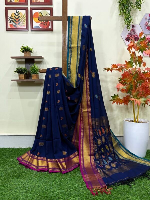 Navy Blue Handloom Organic Cotton Festive Jamdani Saree