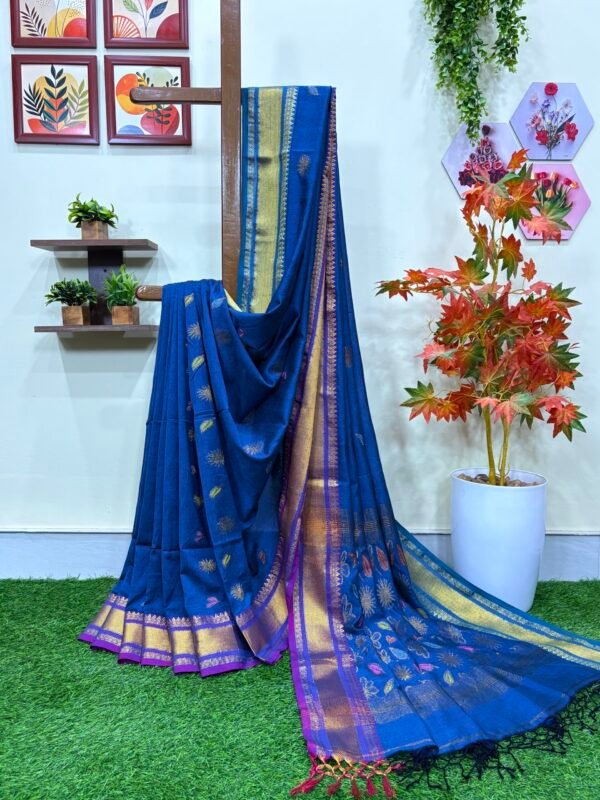 Greenish Blue Handloom Organic Cotton Festive Jamdani Saree