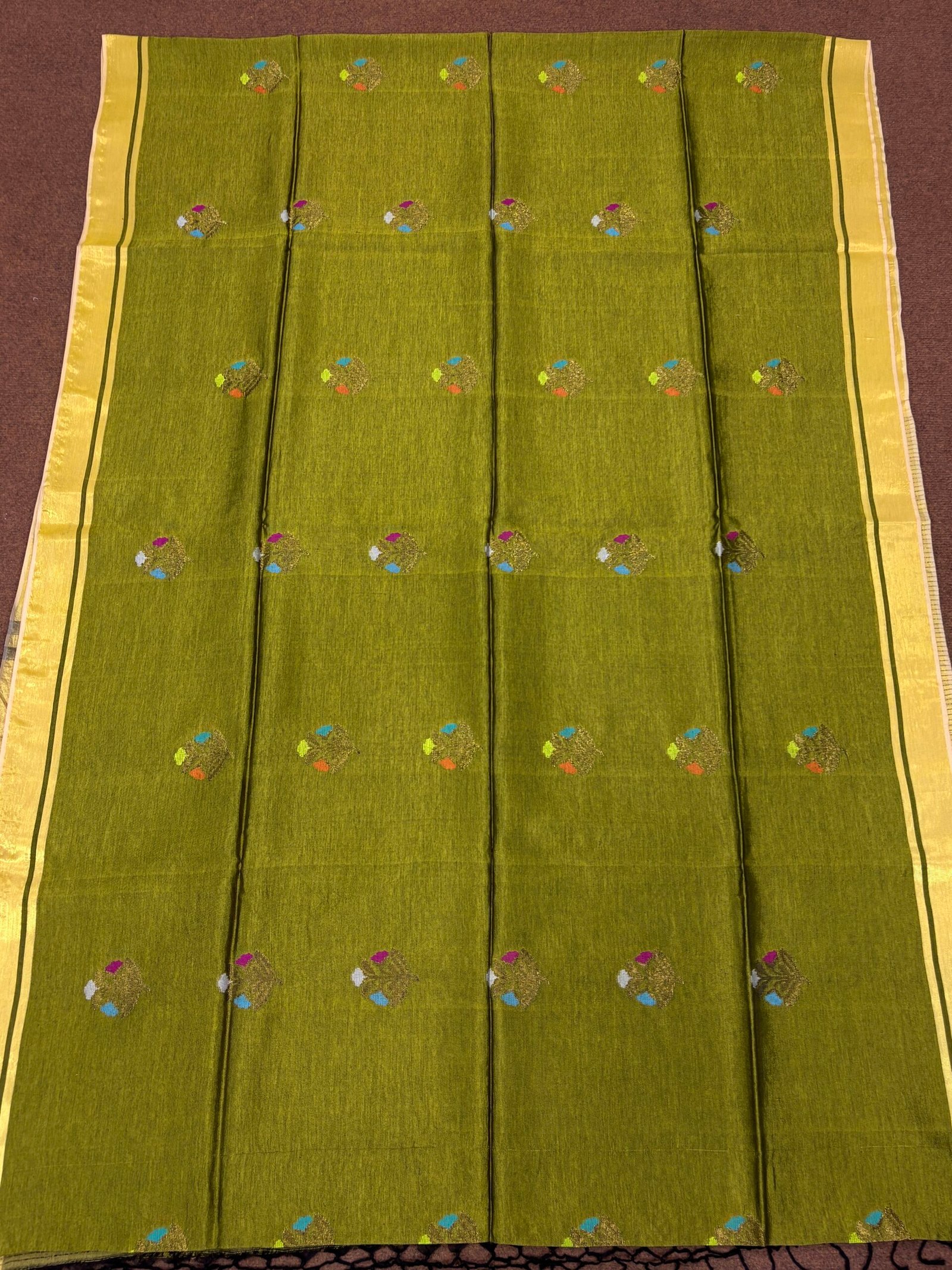 Greenish Yellow Katan Silk Jamdani Saree with Blouse Piece - Image 9