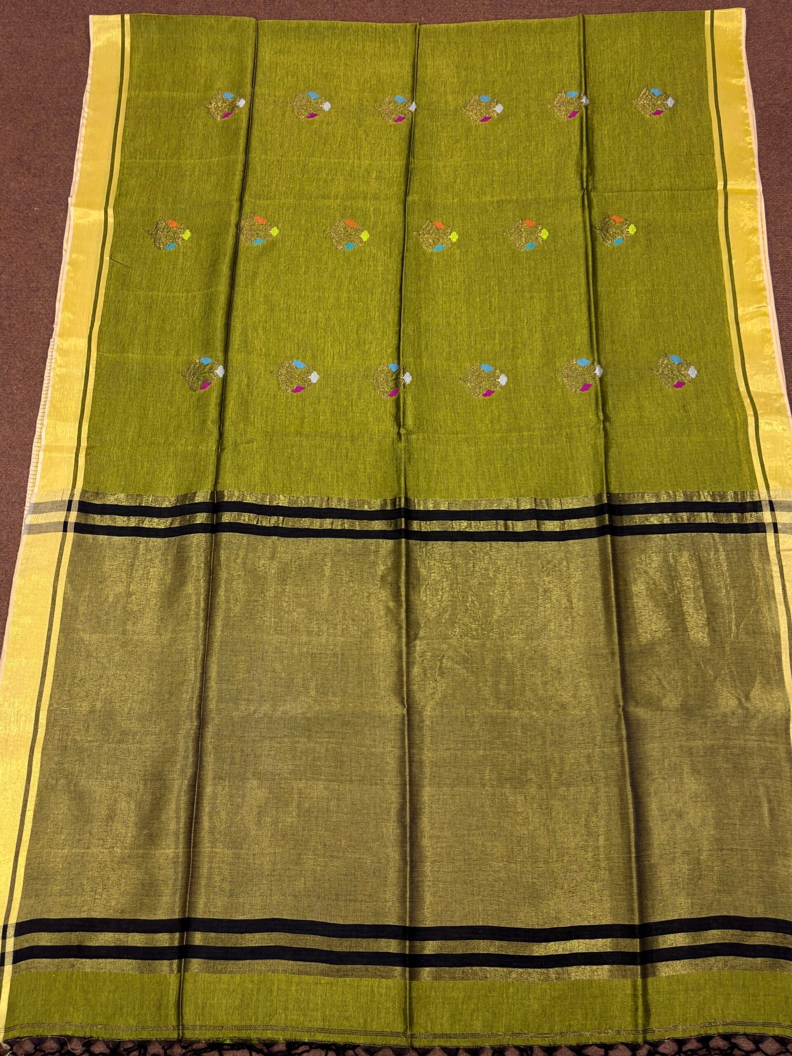 Greenish Yellow Katan Silk Jamdani Saree with Blouse Piece - Image 6
