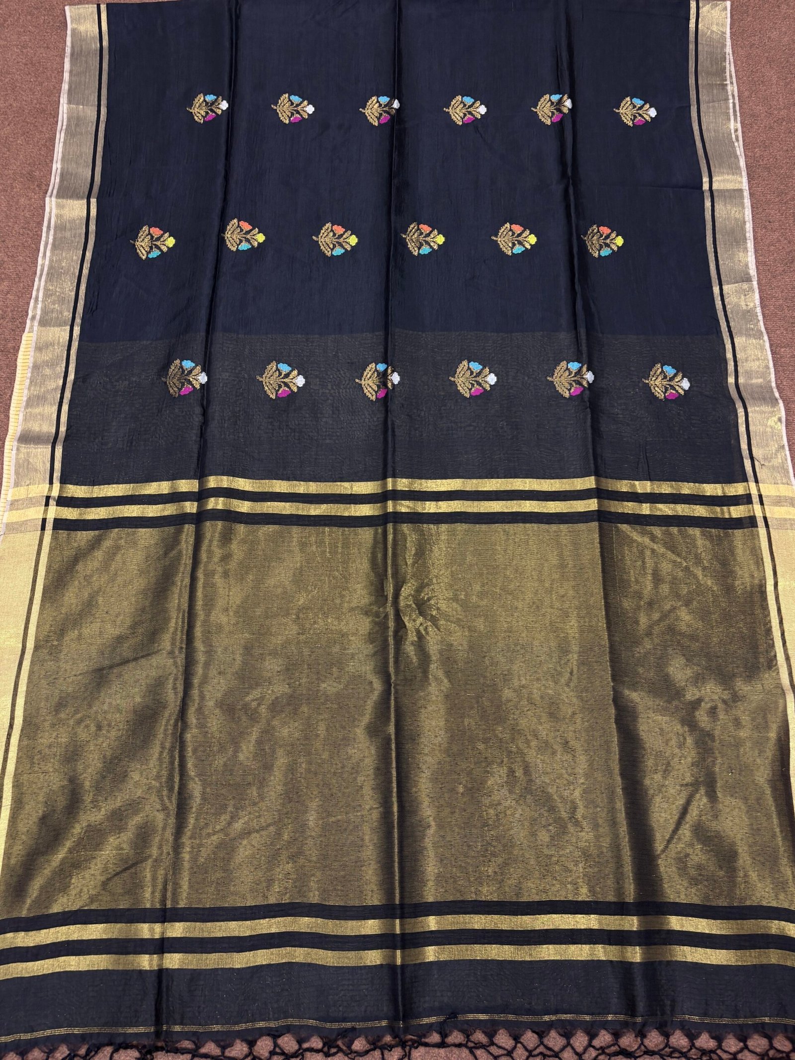 Black Katan Silk Jamdani Saree with Blouse Piece - Image 6
