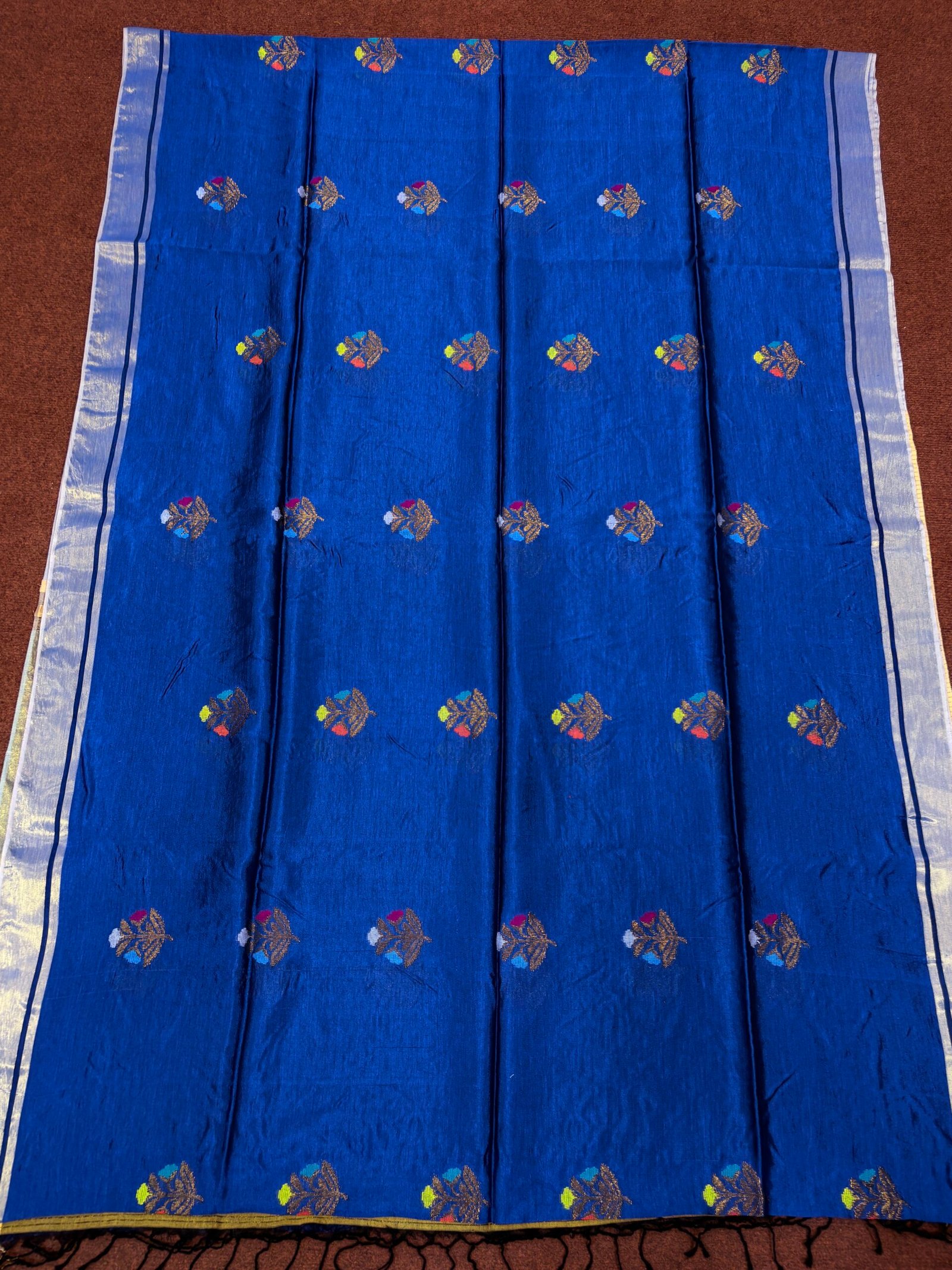 Blue Katan Silk Jamdani Saree with Blouse Piece - Image 8