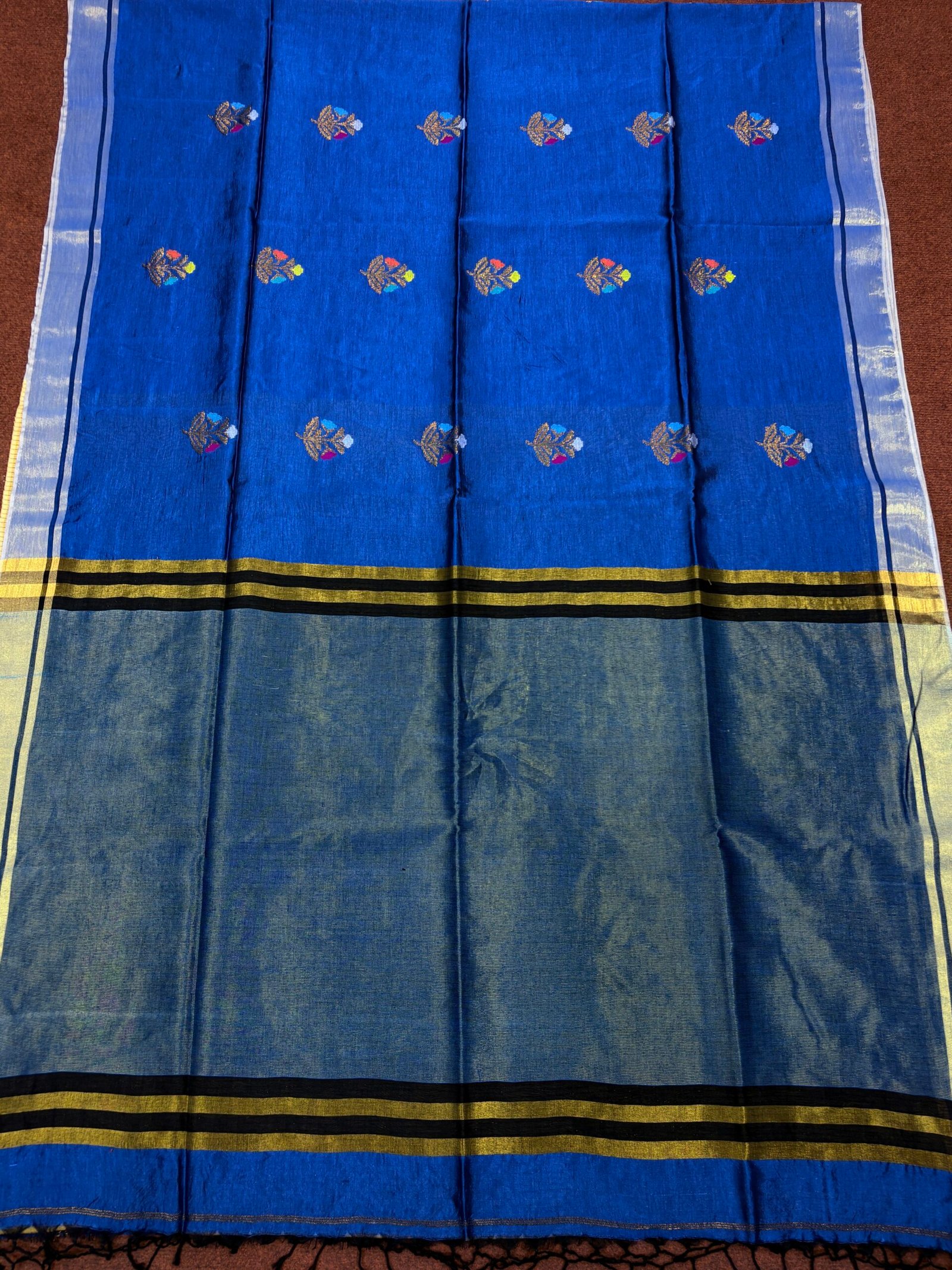 Blue Katan Silk Jamdani Saree with Blouse Piece - Image 5
