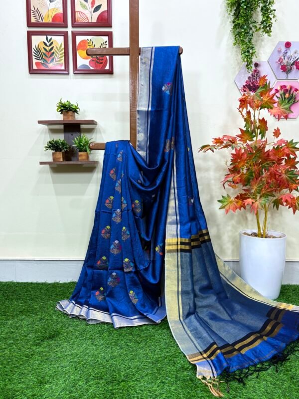 Blue Katan Silk Jamdani Saree with Blouse Piece