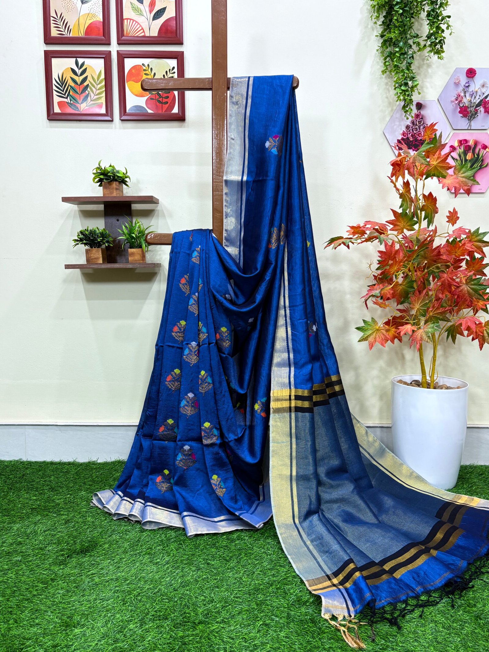 Blue Katan Silk Jamdani Saree with Blouse Piece