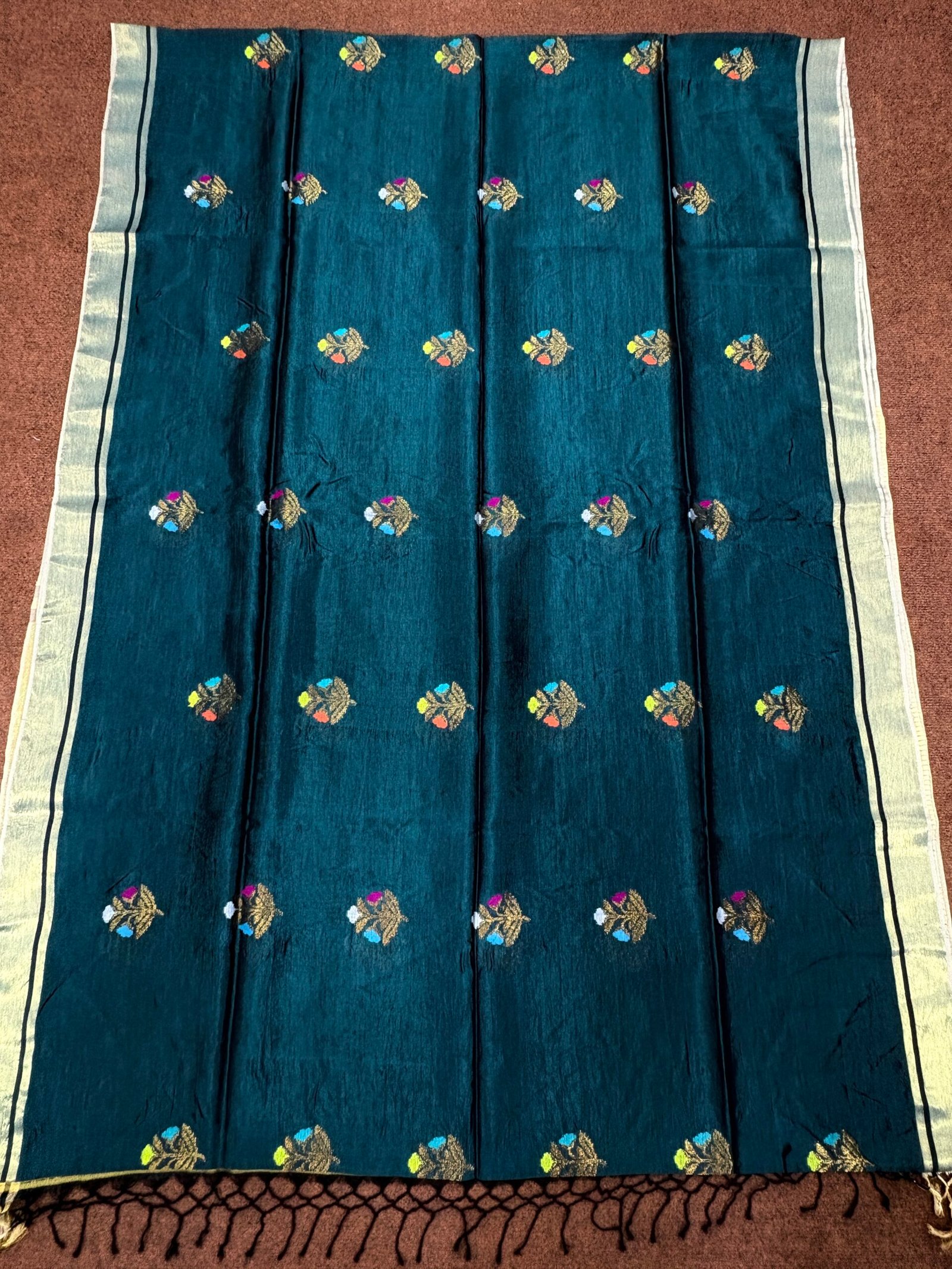 Rama Green Katan Silk Jamdani Saree with Blouse Piece - Image 8